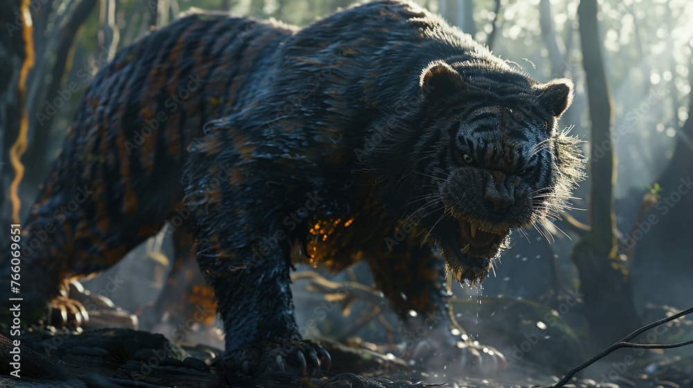 In the clash of fangs and claws the bear tiger hybrid confronts challengers a formidable guardian of the ancient woods - obrazy, fototapety, plakaty 