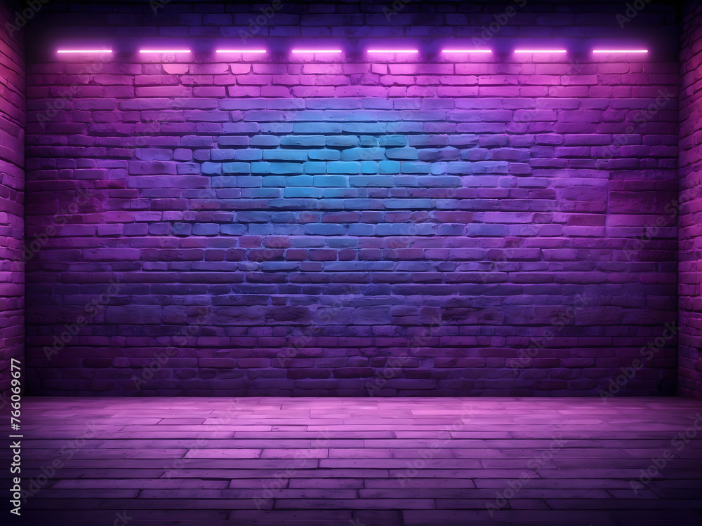 The dark blue and purple empty brick wall texture pattern has bright spotlights, neon tubes and laser beams, an empty scene background, and products displayed and presented.