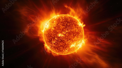 Bright orange and red sun solar flare particles corona mass ejections background on dark black. Sunray, sunlight, sunburst.