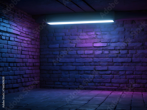 The dark blue and purple empty brick wall texture pattern has bright spotlights, neon tubes and laser beams, an empty scene background, and products displayed and presented.