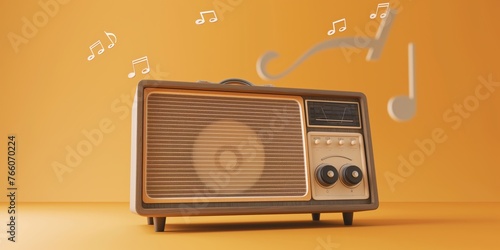 Classic brown radio on a yellow background with floating musical notes, evoking a vintage mood.