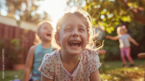 the magic of childhood with a candid shot of children playing and laughing together in a sunlit backyard