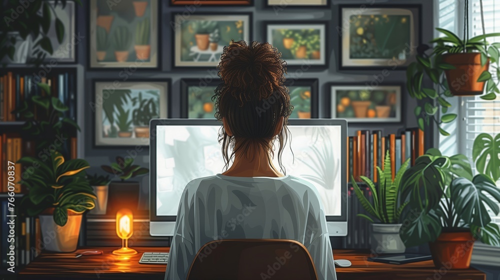 Cozy Woman Artist's Workspace Surrounded by Lush Plants and Inspirational Art Illustration Cozy Woman Artist's Workspace Surrounded by Lush Plants and Inspirational Art Illustration