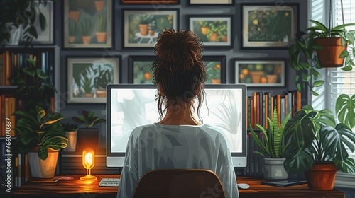 Cozy Woman Artist's Workspace Surrounded by Lush Plants and Inspirational Art Illustration