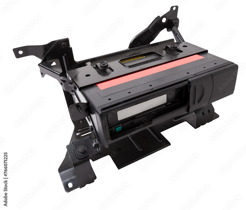 an audio system and a radio in gray and black plastic of car with cd and mp3 music on white isolated background an audio system and a radio in gray and black plastic of car with cd and mp3 music on white isolated background