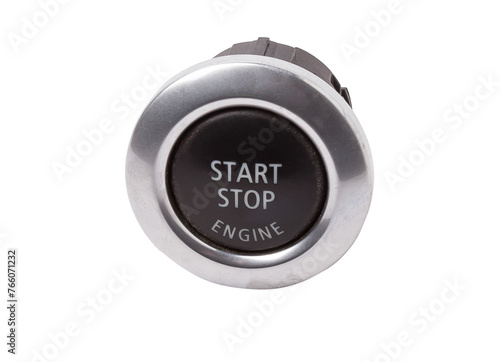 Button start and turn off the ignition of the car engine close-up on the dashboard, electric key, pressing drives the motor vehicle of modern design on white isolated background.
