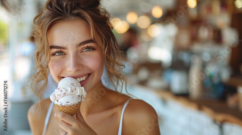Joyful young woman eats ice cream