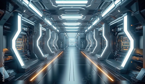Sci-Fi metallic corridor background illuminated 3d render spaceship shuttle, Generative AI