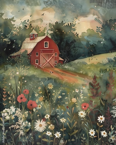 red barn field flowers path leading book farm lands leaning towards wisconsin arbor