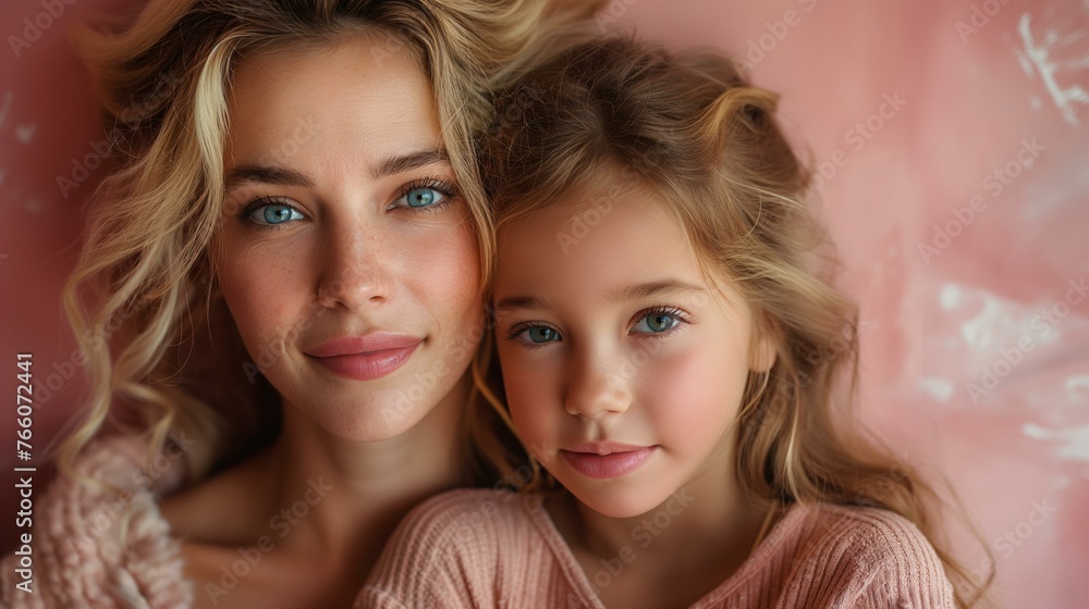portrait of mother with her daughter, mother's day, pink background, close-up portrait of mother with her daughter, mother's day, pink background, close-up