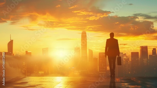 the concept of success and achievement with a confident entrepreneur standing tall against a city skyline, with a briefcase in hand