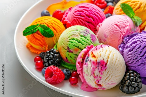 Assorted scoops of colorful ice cream with berries on a plate