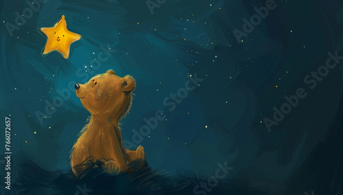 Teddy Bear Gazing at the Stars. Children's Illustration Style, Wish, Childhood Concept. Generative AI. 