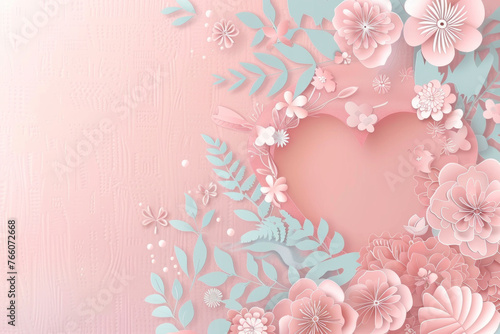 Beautiful Valentine's Day Background with Pink Love Heart. Paper Cut Flowers Design. Generative AI