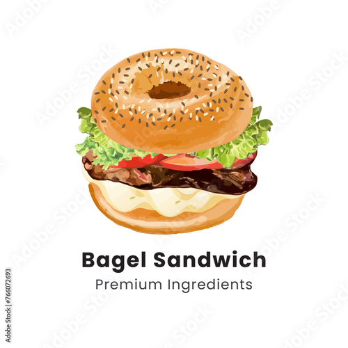 Hand drawn vector illustration of bagel sandwich with various fillings