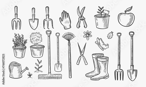 hand drawn set of vintage isolated garden equipment silhouettes photo