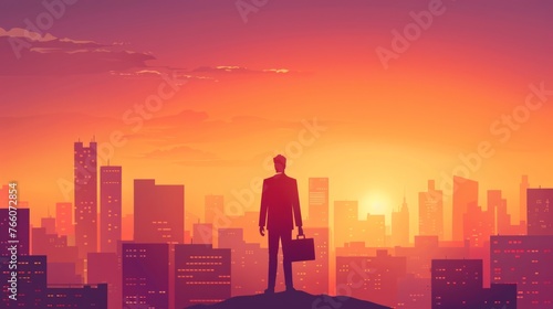 the concept of success and achievement with a confident entrepreneur standing tall against a city skyline, with a briefcase in hand © CYBERUSS