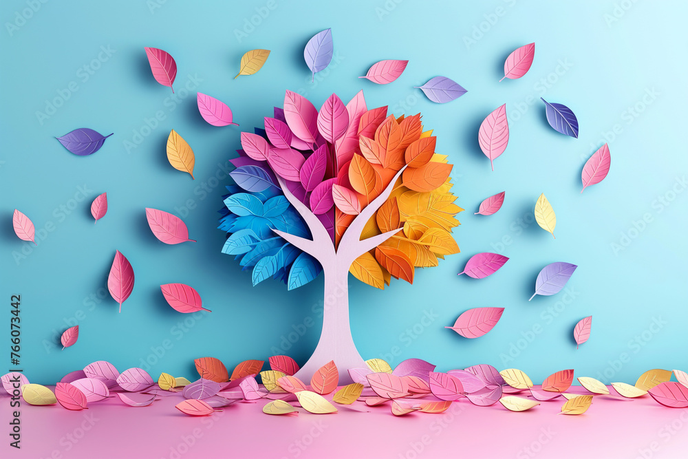 Coloful tree and leaves design paper cut vector