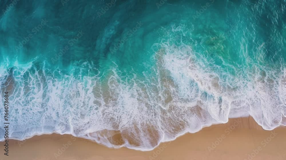 Waves on the white sandy coastline. Aerial top down view. Seamless looping animated. Generative AI Waves on the white sandy coastline. Aerial top down view. Seamless looping animated. Generative AI