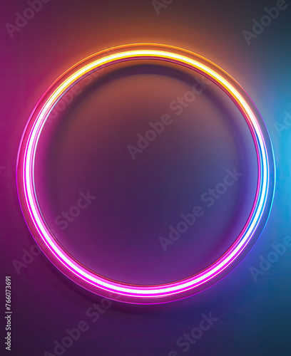3d render of colorful neon light circular ring on dark background