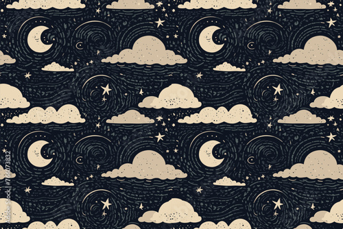 pattern seamless Linocut friendly, minimalistic, night sky with crescent moon, celestial bodies, simplified, nordic, scandinavian style, muted colors, rolling clouds, viking symbols