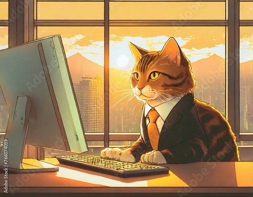 オフィスで仕事をする猫 生成AI・Generative AI