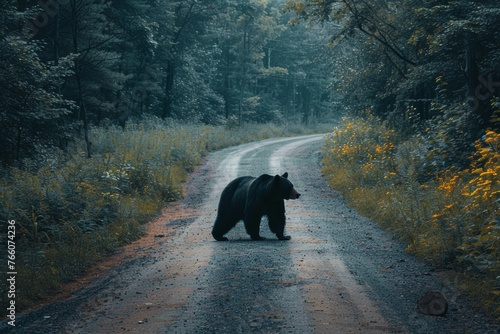 A black bear is walking down a road. The bear is alone and he is in a peaceful mood photo
