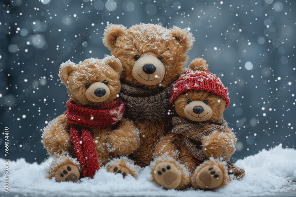 Three teddy bears are sitting on a snowy surface, with one of them wearing a red hat and a scarf. Concept of warmth and coziness, as the bears are dressed for the cold weather Three teddy bears are sitting on a snowy surface, with one of them wearing a red hat and a scarf. Concept of warmth and coziness, as the bears are dressed for the cold weather