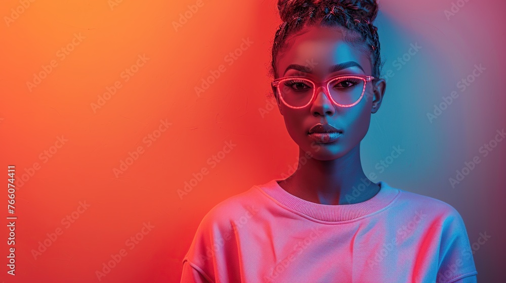 Photo of a beautiful, attractive dark-skinned woman wearing a sweater. Glasses in arms. Free space. Isolated neon background. Photo of a beautiful, attractive dark-skinned woman wearing a sweater. Glasses in arms. Free space. Isolated neon background.