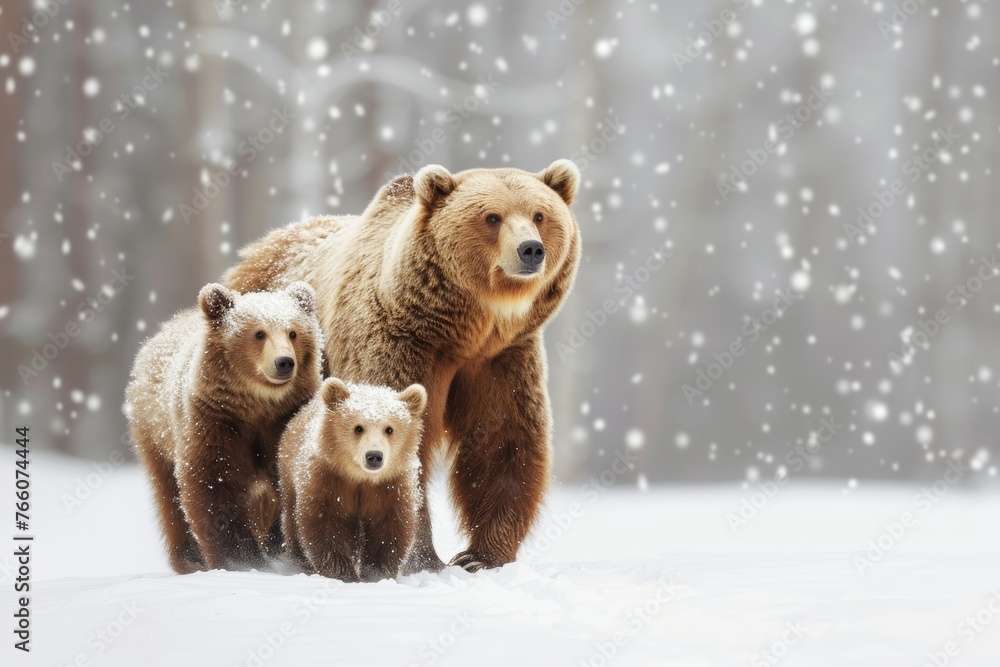 A mother bear is walking with her two cubs in the snow. The scene is peaceful and serene, with the bears enjoying each other's company and the beauty of the winter landscape A mother bear is walking with her two cubs in the snow. The scene is peaceful and serene, with the bears enjoying each other's company and the beauty of the winter landscape