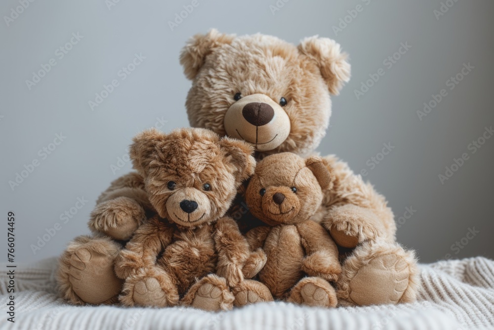 Fototapeta premium Three teddy bears are sitting on a bed, with one of them being the largest. The other two are smaller and are positioned between the larger bear. Concept of warmth and comfort