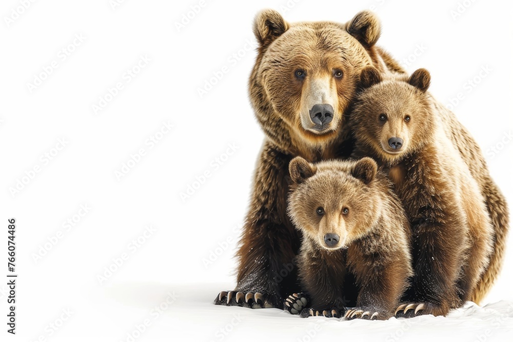 Fototapeta premium Three bears are sitting together on a snowy surface. The mother bear is larger than the two cubs, and they are all looking at the camera. Concept of warmth and family