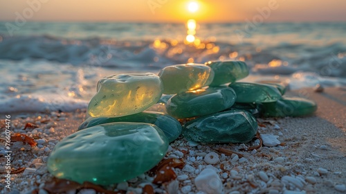 blue green jade stone Arranged in a pyramid balanced on the beach beautiful blue sea with sea background meditation concept