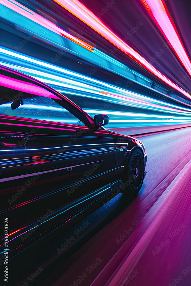 Close up of a car driving fast in the city, with motion blur, neon lights, in the hyper realistic photographic style