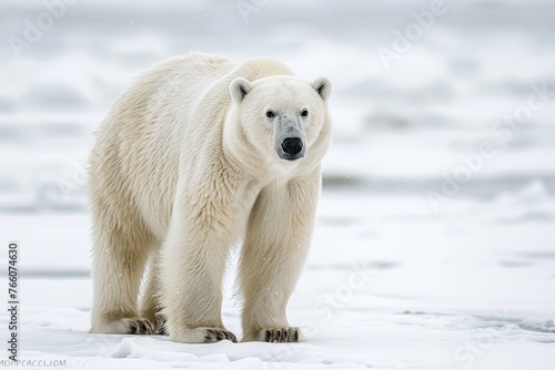 A polar bear stands in the snow, looking at the camera. Concept of solitude and isolation, as the bear is alone in its natural habitat