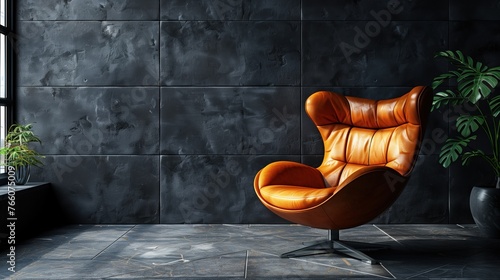 Living room with leather armchair on empty dark grey wall background. empty space.