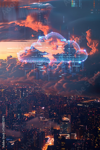 Cloud computing logo above a city skyline