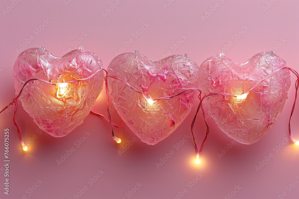 Happy Valentine's Day Sale Poster or Banner with LED String Lights Heart Symbol and Valentine's Day Elements on Pink Background. Generative AI