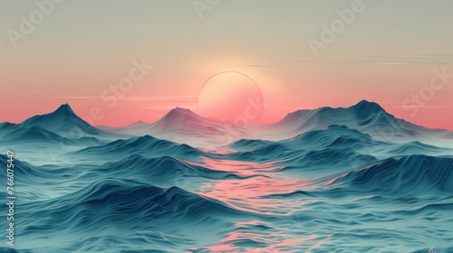 Vector illustration. Sunset over mountains with beautiful sky, sea and waves. Reflecting sunset and sunrise Create an abstract blue seascape with storm clouds and summer beauty.