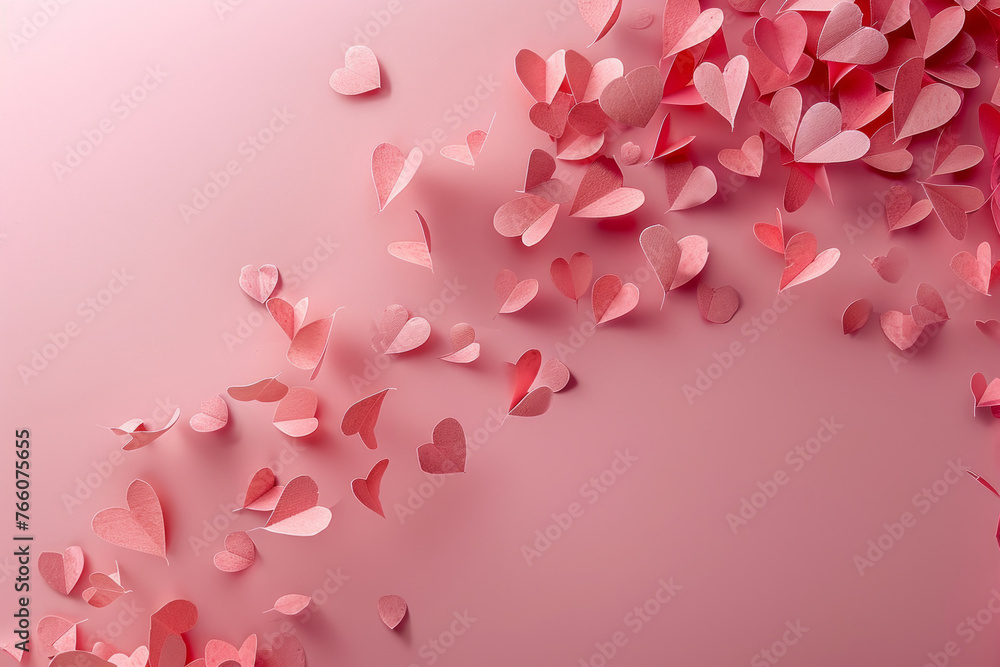 Heart-shaped paper elements flying on pink background. Generative AI