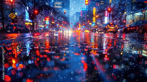 A futuristic metropolis with neon lights reflecting on rain-soaked streets. © PT