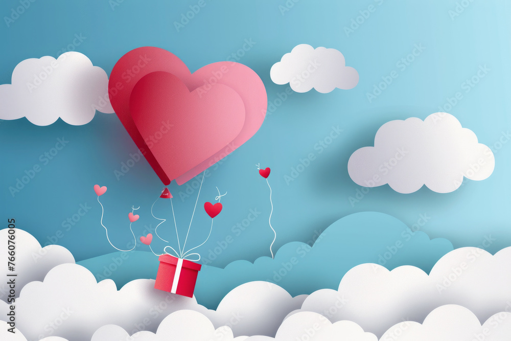 Love and valentine's day illustration with heart balloon, gift and clouds. Generative AI