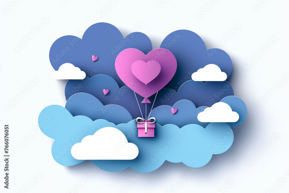 Love and valentine's day illustration with heart balloon, gift and clouds. Generative AI