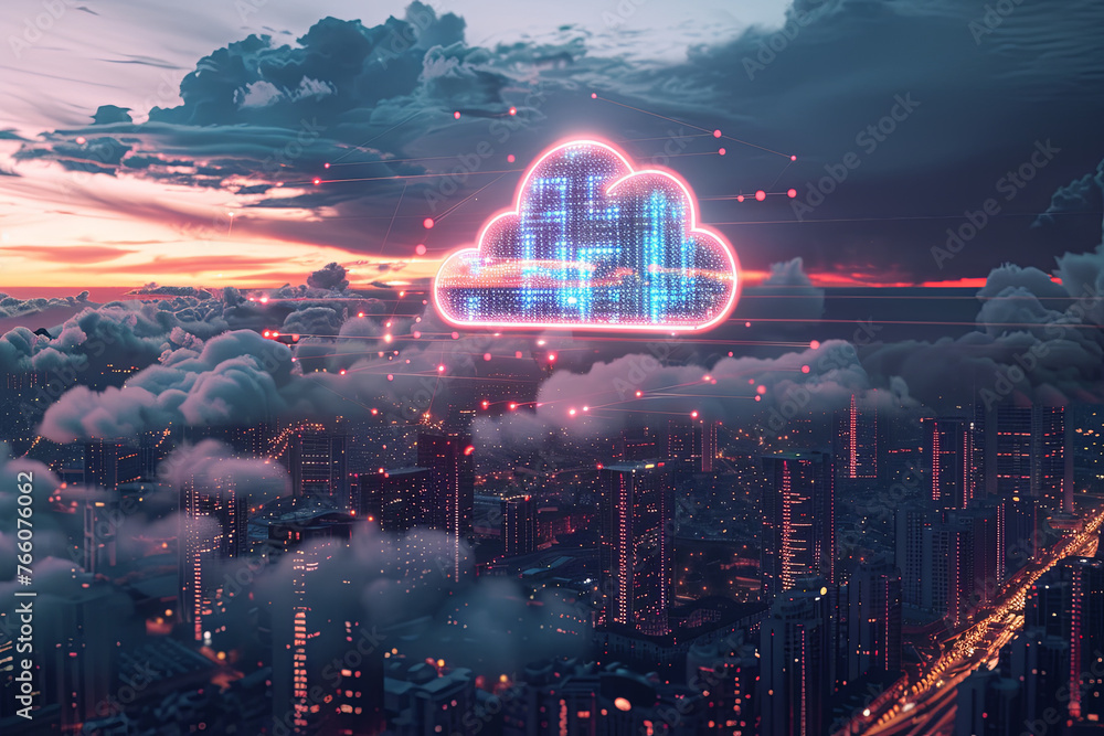 Cloud computing logo above a city skyline Cloud computing logo above a city skyline