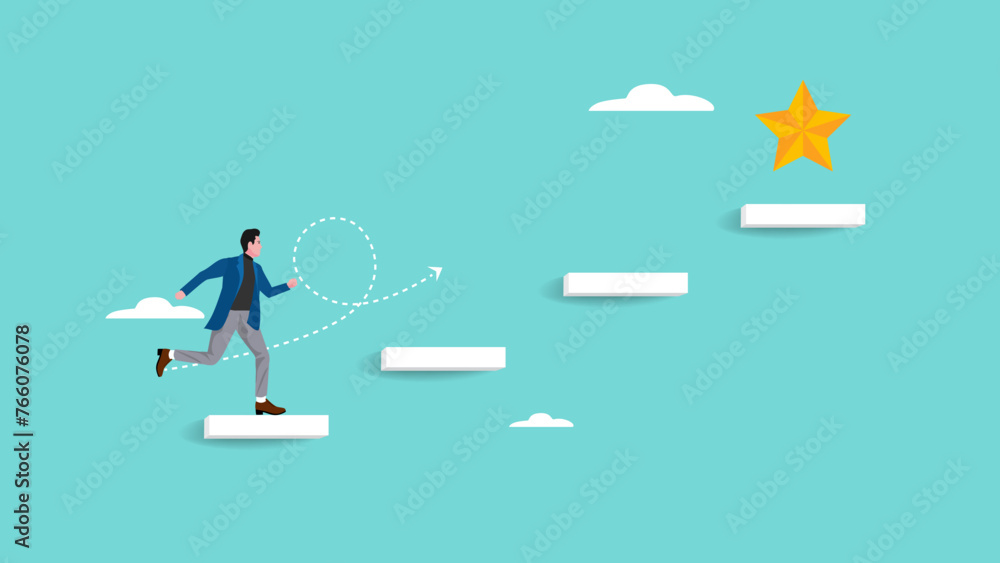 journey to achieve hope of success in business, hope of career development progress, growing journey to achieve business success, businessman running up stairs to reach star vector illustration - obrazy, fototapety, plakaty 