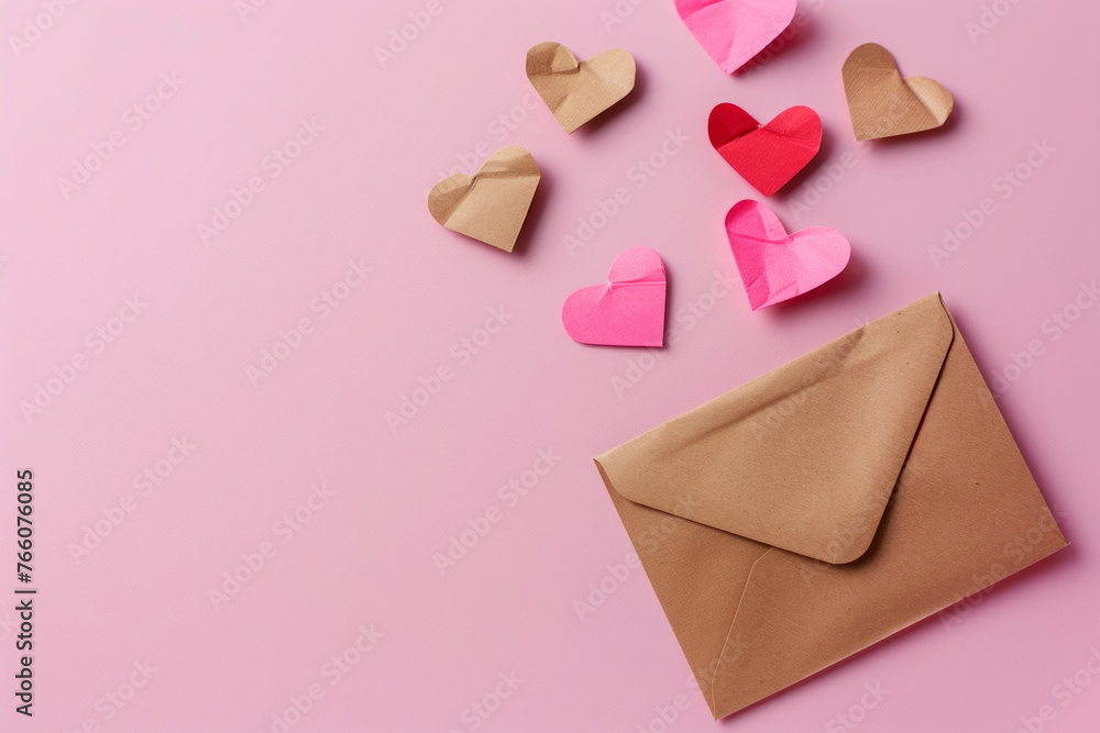 love letter envelope with paper craft hearts - flat lay on pink valentines or anniversary background. Generative AI love letter envelope with paper craft hearts - flat lay on pink valentines or anniversary background. Generative AI