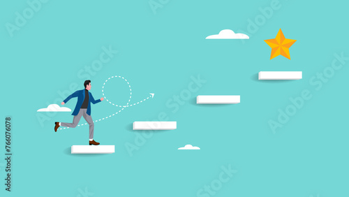 journey to achieve hope of success in business, hope of career development progress, growing journey to achieve business success, businessman running up stairs to reach star vector illustration