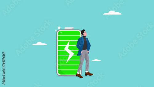 businessman with full battery concept illustration, Productive and Efficiency businessman Employee, full of energy or enthusiasm for work