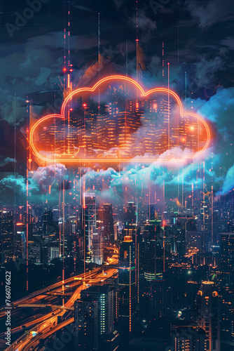 Cloud computing logo above a city skyline