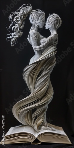 closeup sculpture woman holding child flowing book pages alluring dress ash twirls curves quixote left wearing magnificent gray anthropomorphic shredded human beautifully photo
